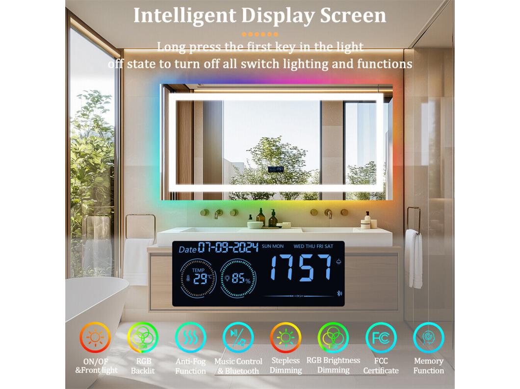 Specchio da bagno 120x60cm RGB e LED orientabile + antiappannamento + Bluetooth 5.2 + Orologio + 3 colori 4 pulsanti