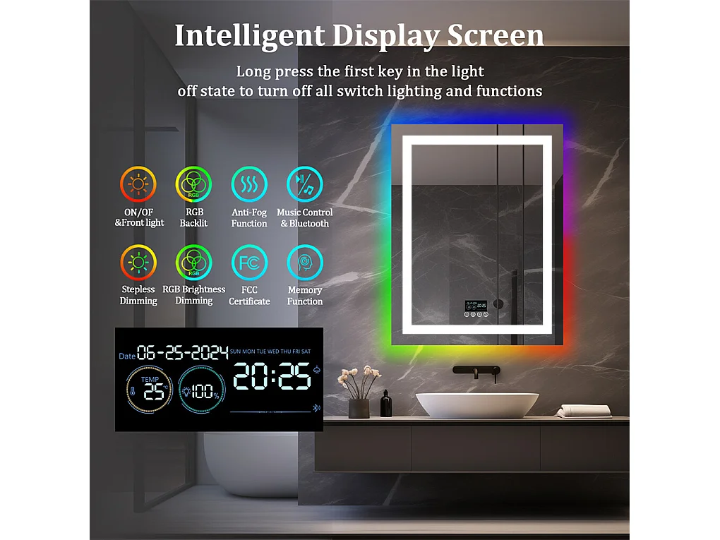 Miroir salle de bain 90x70cm RGB et LED réglable+antibuée+Bluetooth 5.2 +Horloge+3 couleurs 4 boutons