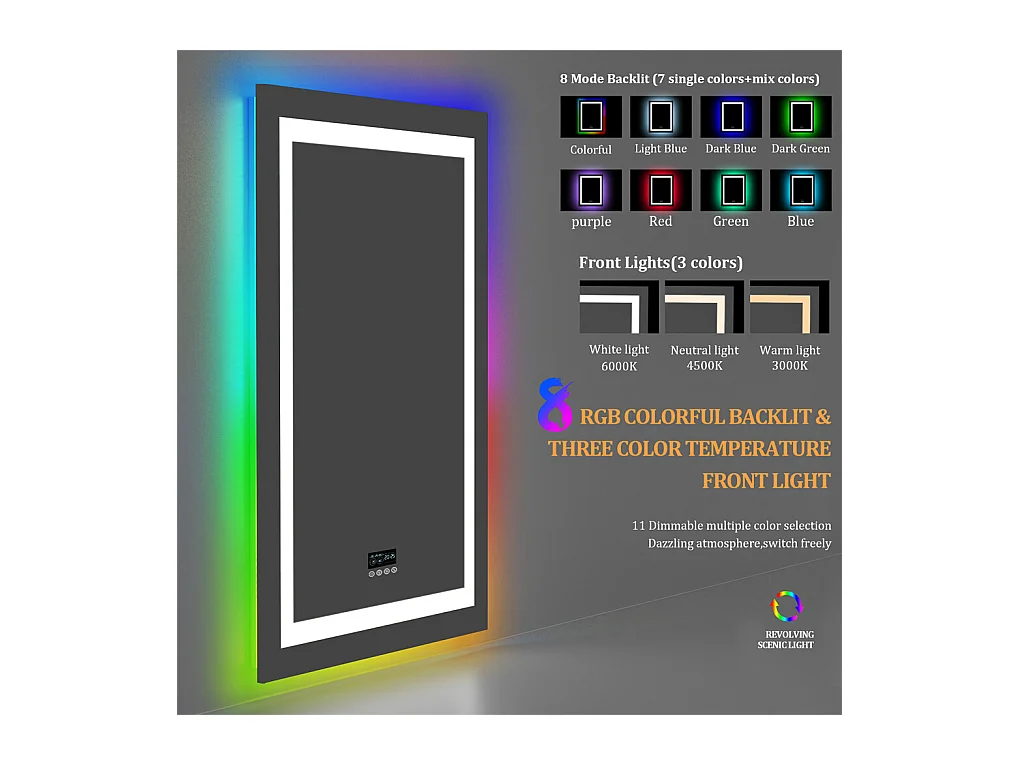 Miroir salle de bain 90x70cm RGB et LED réglable+antibuée+Bluetooth 5.2 +Horloge+3 couleurs 4 boutons