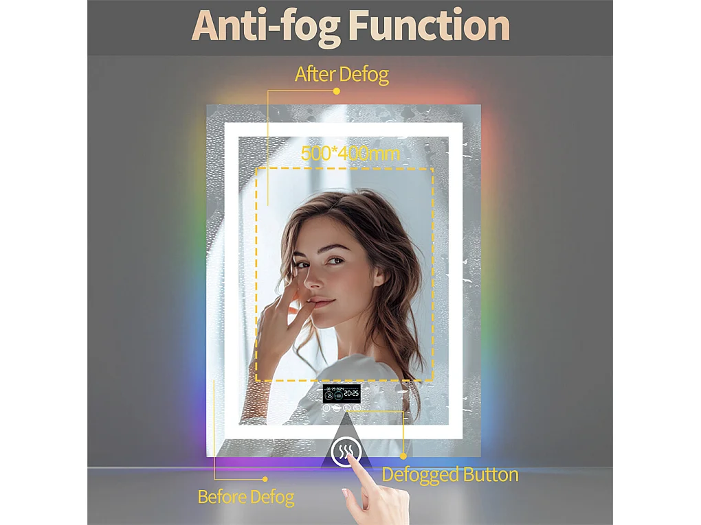 Miroir salle de bain 90x70cm RGB et LED réglable+antibuée+Bluetooth 5.2 +Horloge+3 couleurs 4 boutons