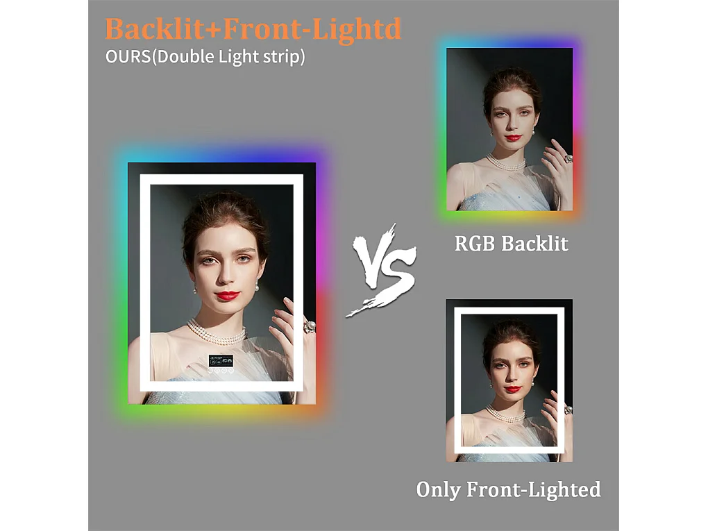 Miroir salle de bain 90x70cm RGB et LED réglable+antibuée+Bluetooth 5.2 +Horloge+3 couleurs 4 boutons