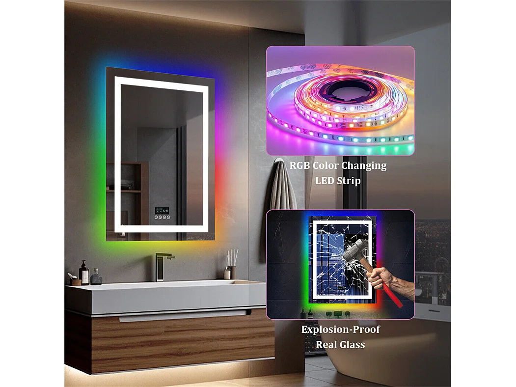 Miroir salle de bain 90x70cm RGB et LED réglable+antibuée+Bluetooth 5.2 +Horloge+3 couleurs 4 boutons