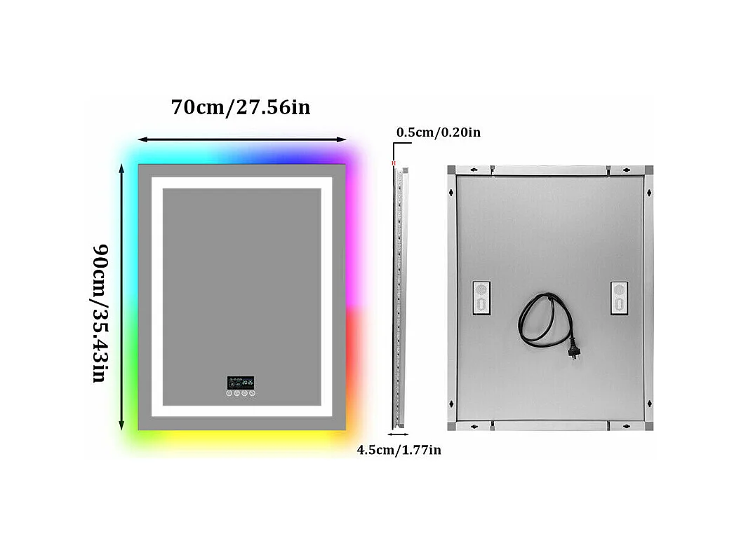 Lustro łazienkowe 90x70cm RGB i LED regulowane + przeciwmgielne + Bluetooth 5.2 + Zegar + 3 kolory 4 przyciski