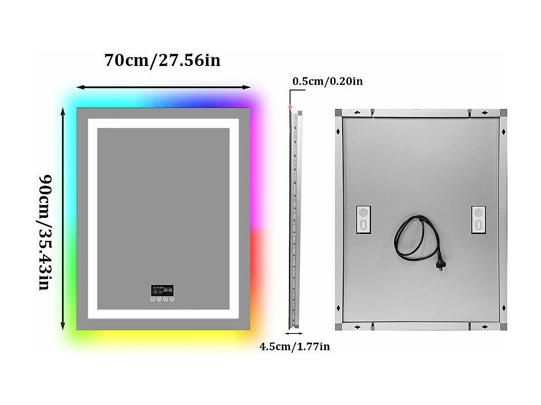 Miroir salle de bain 90x70cm RGB et LED réglable+antibuée+Bluetooth 5.2 +Horloge+3 couleurs 4 boutons
