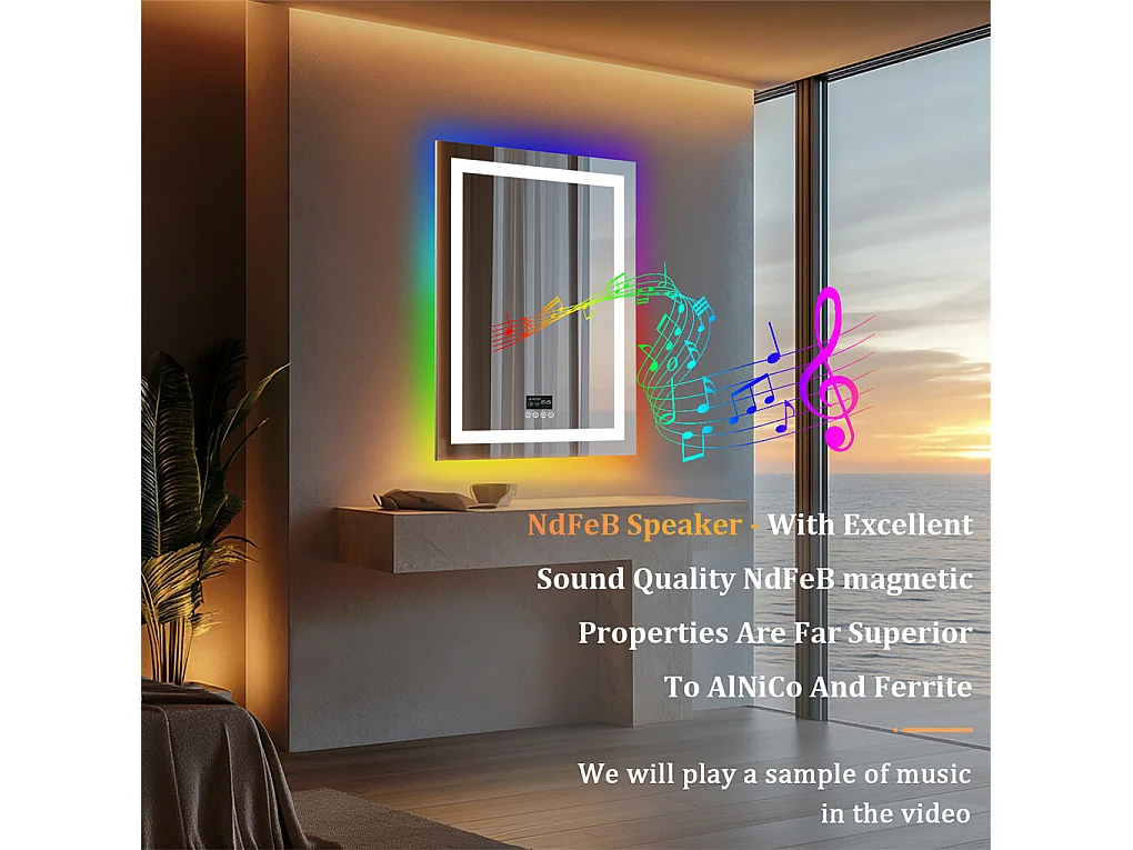 Miroir salle de bain 90x70cm RGB et LED réglable+antibuée+Bluetooth 5.2 +Horloge+3 couleurs 4 boutons