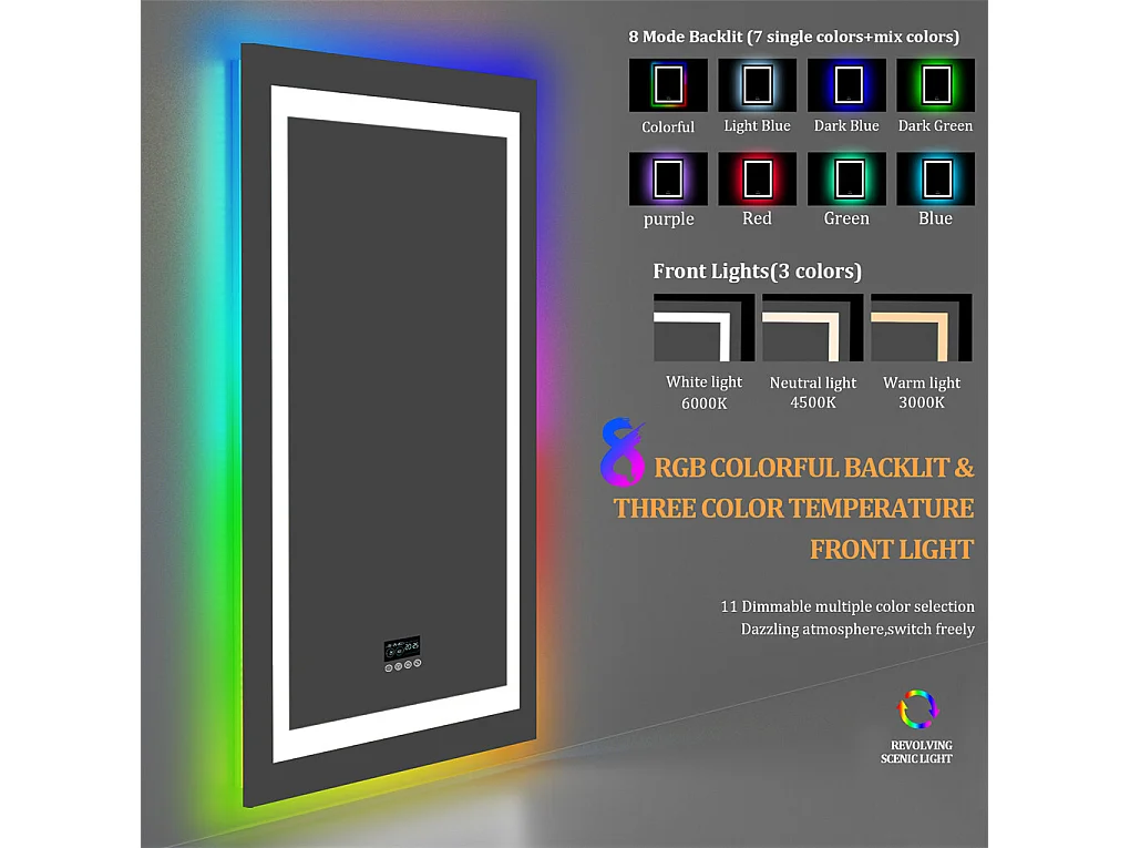 Miroir salle de bain 90x70cm RGB et LED réglable+antibuée+Bluetooth 5.2 +Horloge+3 couleurs 4 boutons