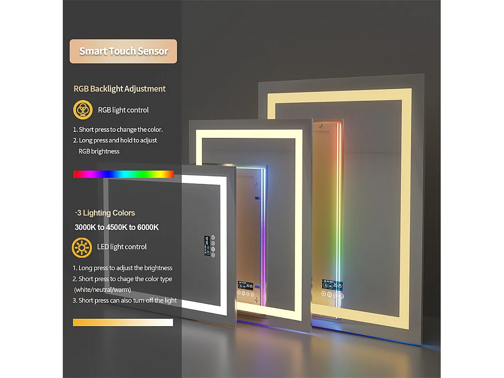 Miroir salle de bain 90x70cm RGB et LED réglable+antibuée+Bluetooth 5.2 +Horloge+3 couleurs 4 boutons