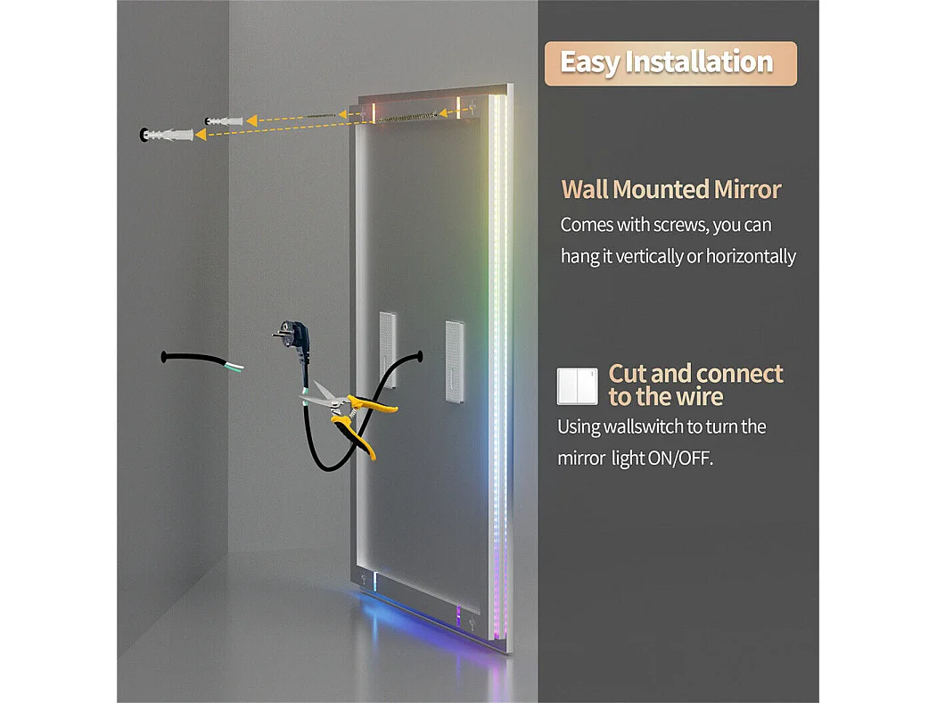 Miroir salle de bain 90x70cm RGB et LED réglable+antibuée+Bluetooth 5.2 +Horloge+3 couleurs 4 boutons