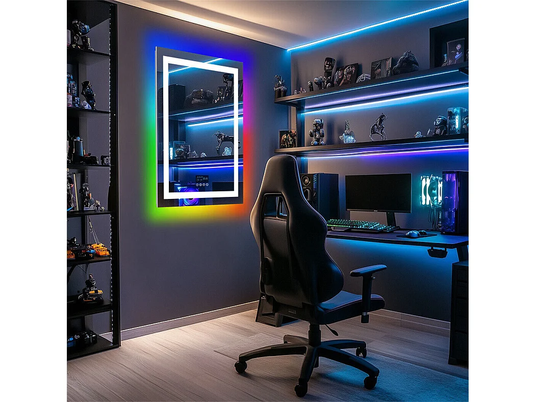 Miroir salle de bain 90x70cm RGB et LED réglable+antibuée+Bluetooth 5.2 +Horloge+3 couleurs 4 boutons