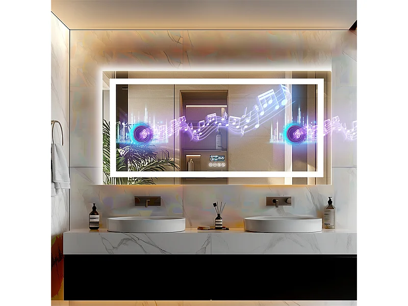 Specchio da bagno 140x70cm LED orientabile + antiappannamento + Bluetooth 5.2 + Orologio + 3 colori 4 pulsanti