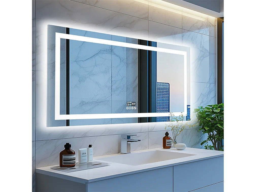 Miroir salle de bain 140x70cm LED réglable+antibuée+Bluetooth 5.2 +Horloge+3 couleurs 4 boutons