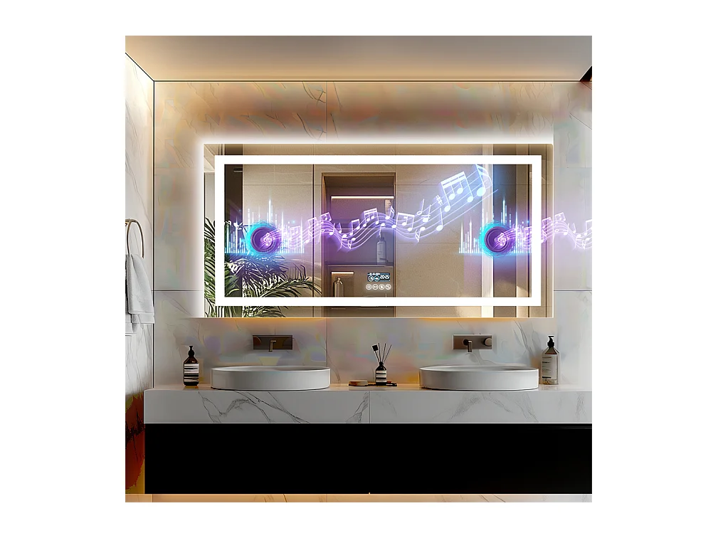 Miroir salle de bain 140x70cm LED réglable+antibuée+Bluetooth 5.2 +Horloge+3 couleurs 4 boutons