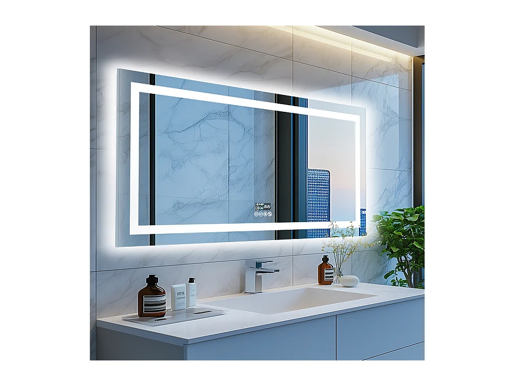 Espelho de banheiro 140x70cm LED ajustável + antiembaçante + Bluetooth 5.2 + Relógio + 3 cores 4 botões