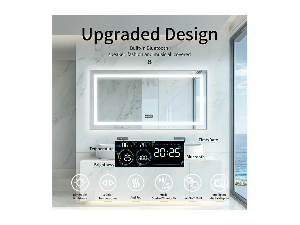 Espelho de banheiro 140x70cm LED ajustável + antiembaçante + Bluetooth 5.2 + Relógio + 3 cores 4 botões