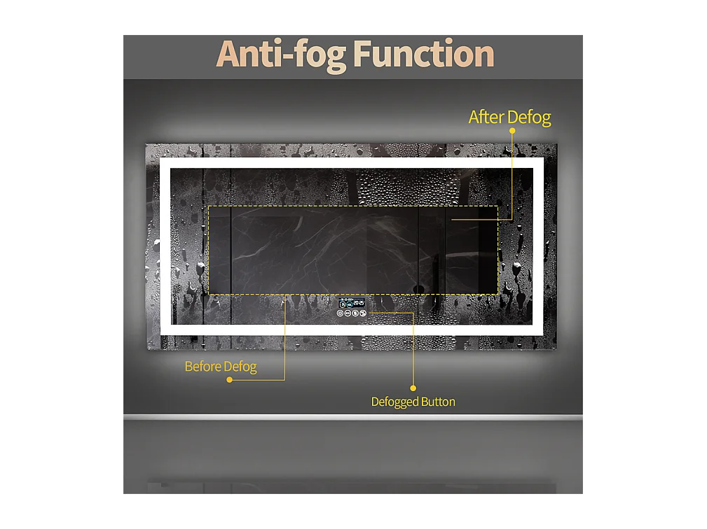 Espelho de banheiro 140x70cm LED ajustável + antiembaçante + Bluetooth 5.2 + Relógio + 3 cores 4 botões