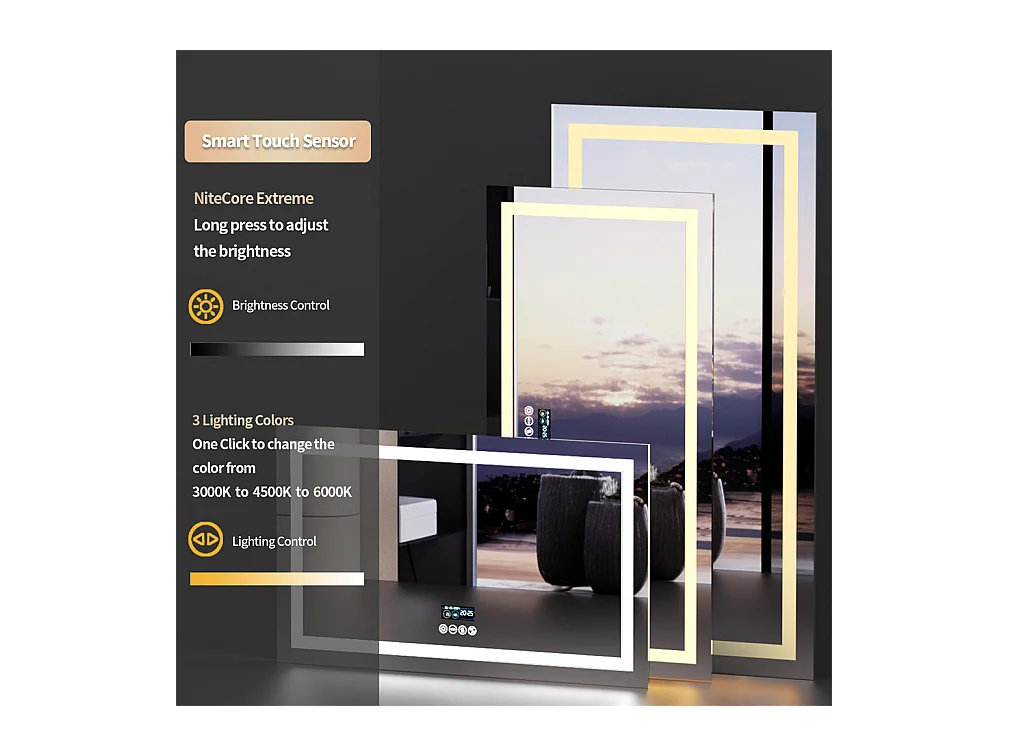 Espelho de banheiro 140x70cm LED ajustável + antiembaçante + Bluetooth 5.2 + Relógio + 3 cores 4 botões