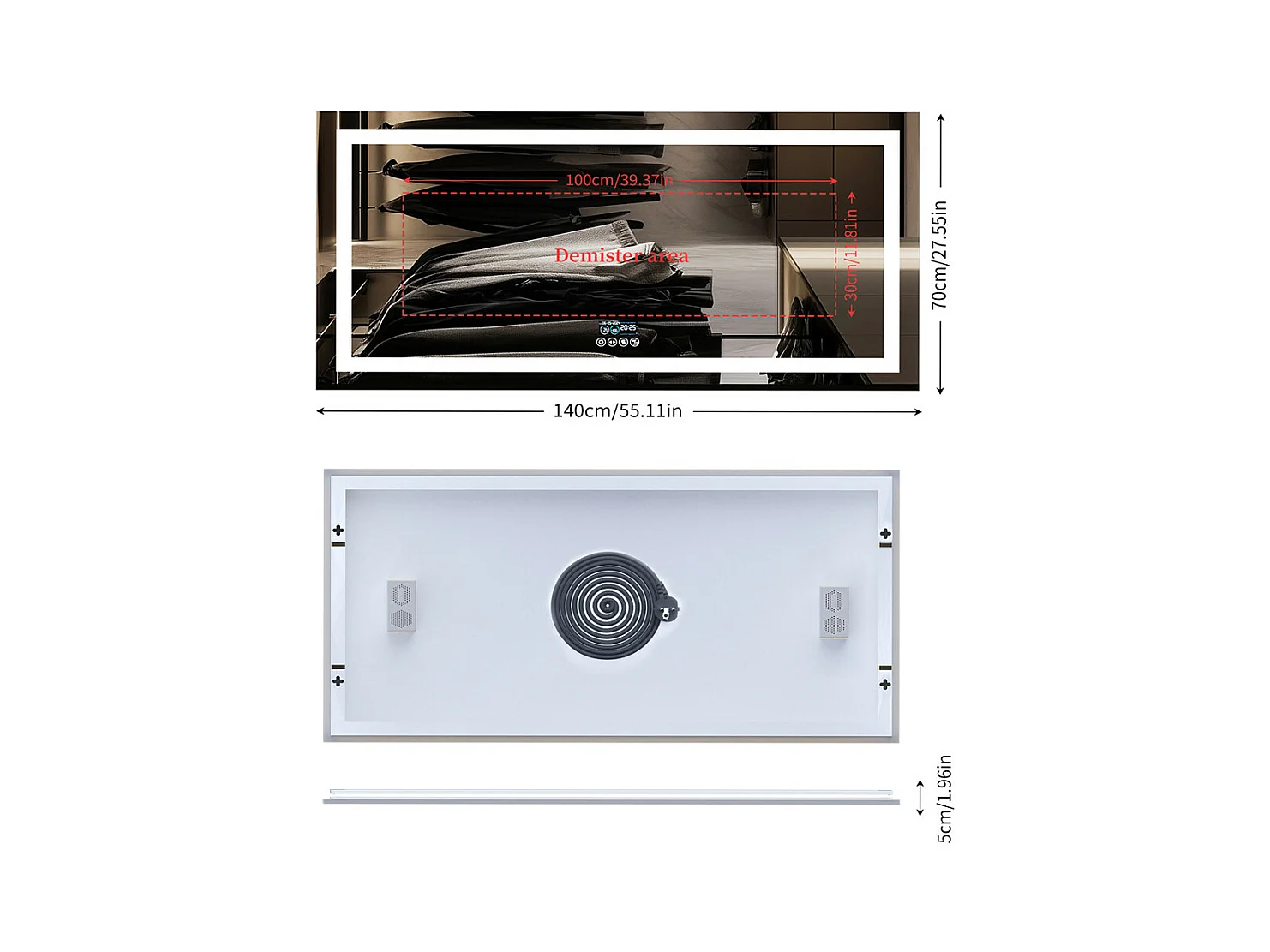 Espelho de banheiro 140x70cm LED ajustável + antiembaçante + Bluetooth 5.2 + Relógio + 3 cores 4 botões