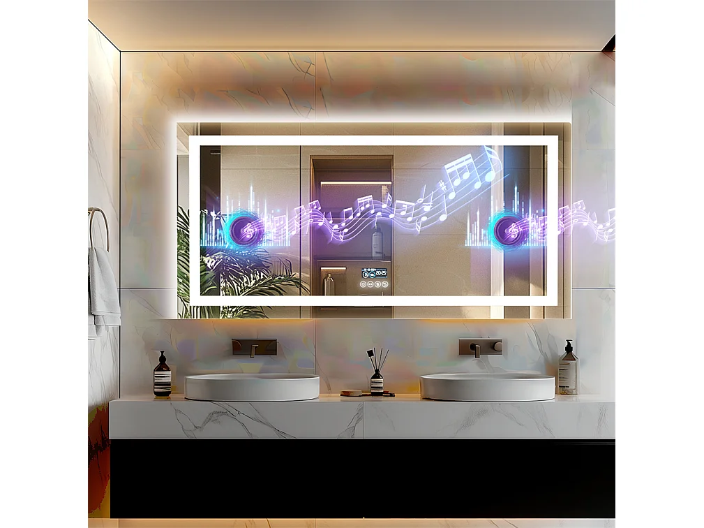 Miroir salle de bain 140x70cm LED réglable+antibuée+Bluetooth 5.2 +Horloge+3 couleurs 4 boutons