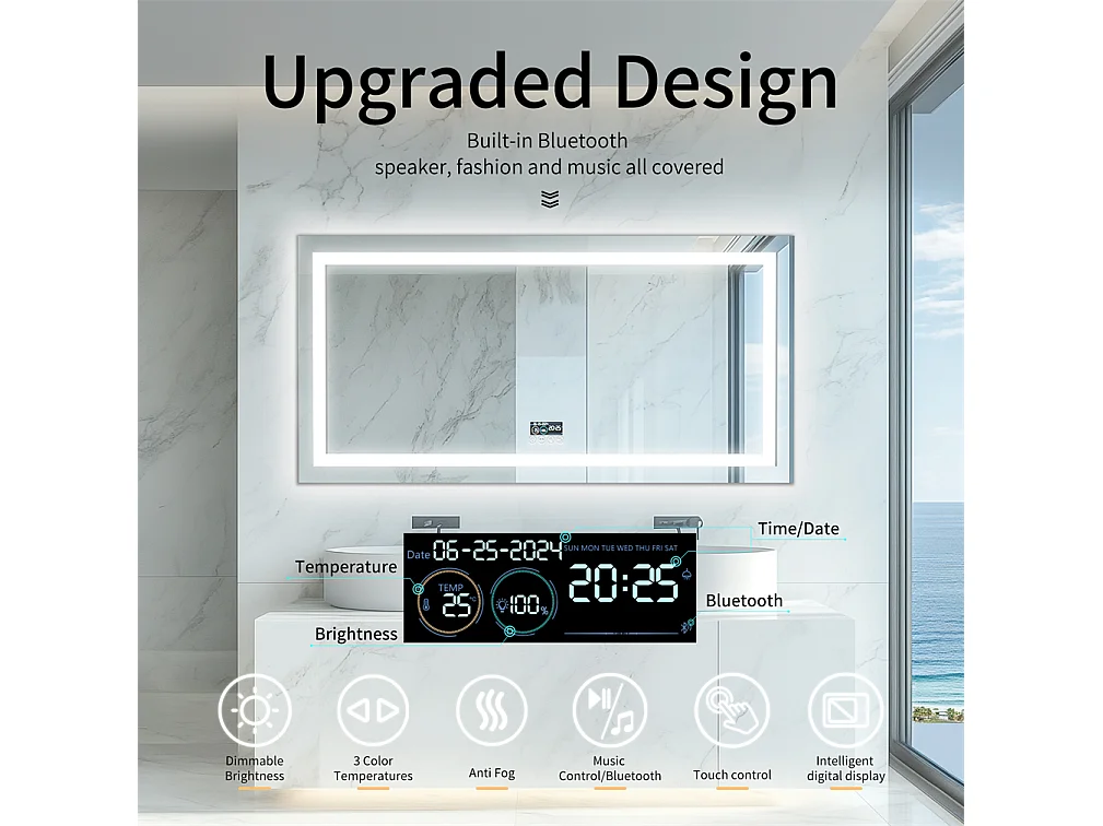 Miroir salle de bain 140x70cm LED réglable+antibuée+Bluetooth 5.2 +Horloge+3 couleurs 4 boutons