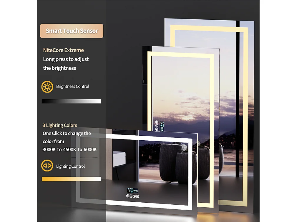 Miroir salle de bain 140x70cm LED réglable+antibuée+Bluetooth 5.2 +Horloge+3 couleurs 4 boutons