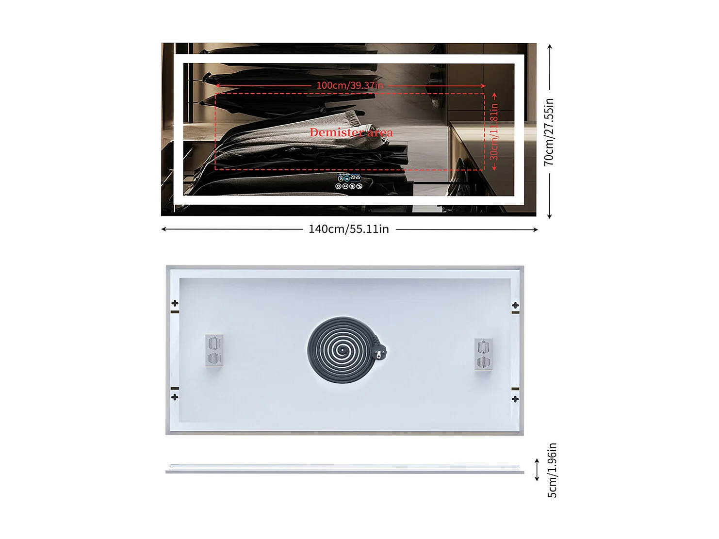 Miroir salle de bain 140x70cm LED réglable+antibuée+Bluetooth 5.2 +Horloge+3 couleurs 4 boutons