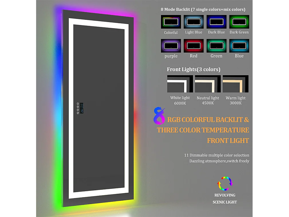 Badezimmerspiegel 160x80cm RGB und LED verstellbar + Antibeschlag + Bluetooth 5.2 + Uhr + 3 Farben 4 Tasten