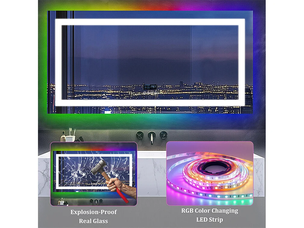 Badezimmerspiegel 160x80cm RGB und LED verstellbar + Antibeschlag + Bluetooth 5.2 + Uhr + 3 Farben 4 Tasten
