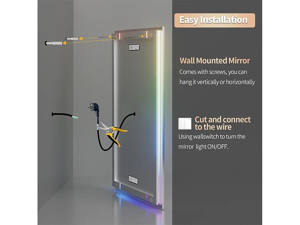 Badezimmerspiegel 160x80cm RGB und LED verstellbar + Antibeschlag + Bluetooth 5.2 + Uhr + 3 Farben 4 Tasten