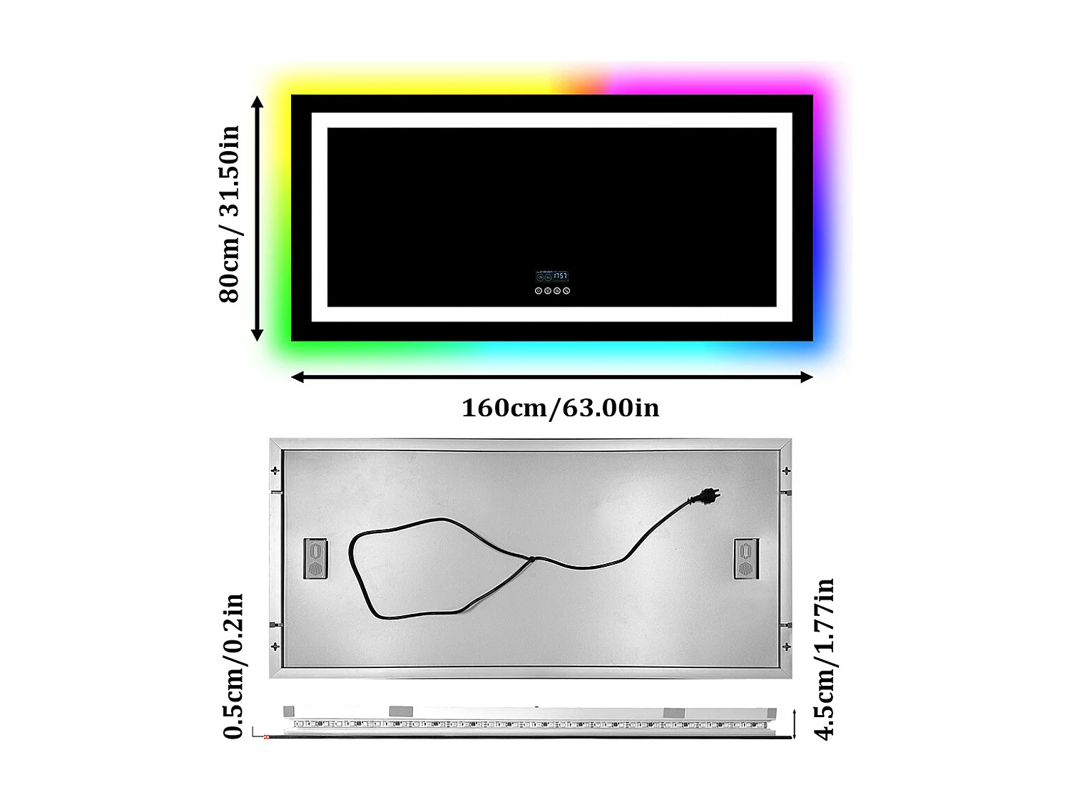 Badezimmerspiegel 160x80cm RGB und LED verstellbar + Antibeschlag + Bluetooth 5.2 + Uhr + 3 Farben 4 Tasten