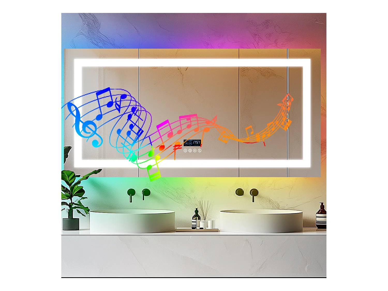 Lustro łazienkowe 160x80cm RGB i LED regulowane + przeciwmgielne + Bluetooth 5.2 + Zegar + 3 kolory 4 przyciski