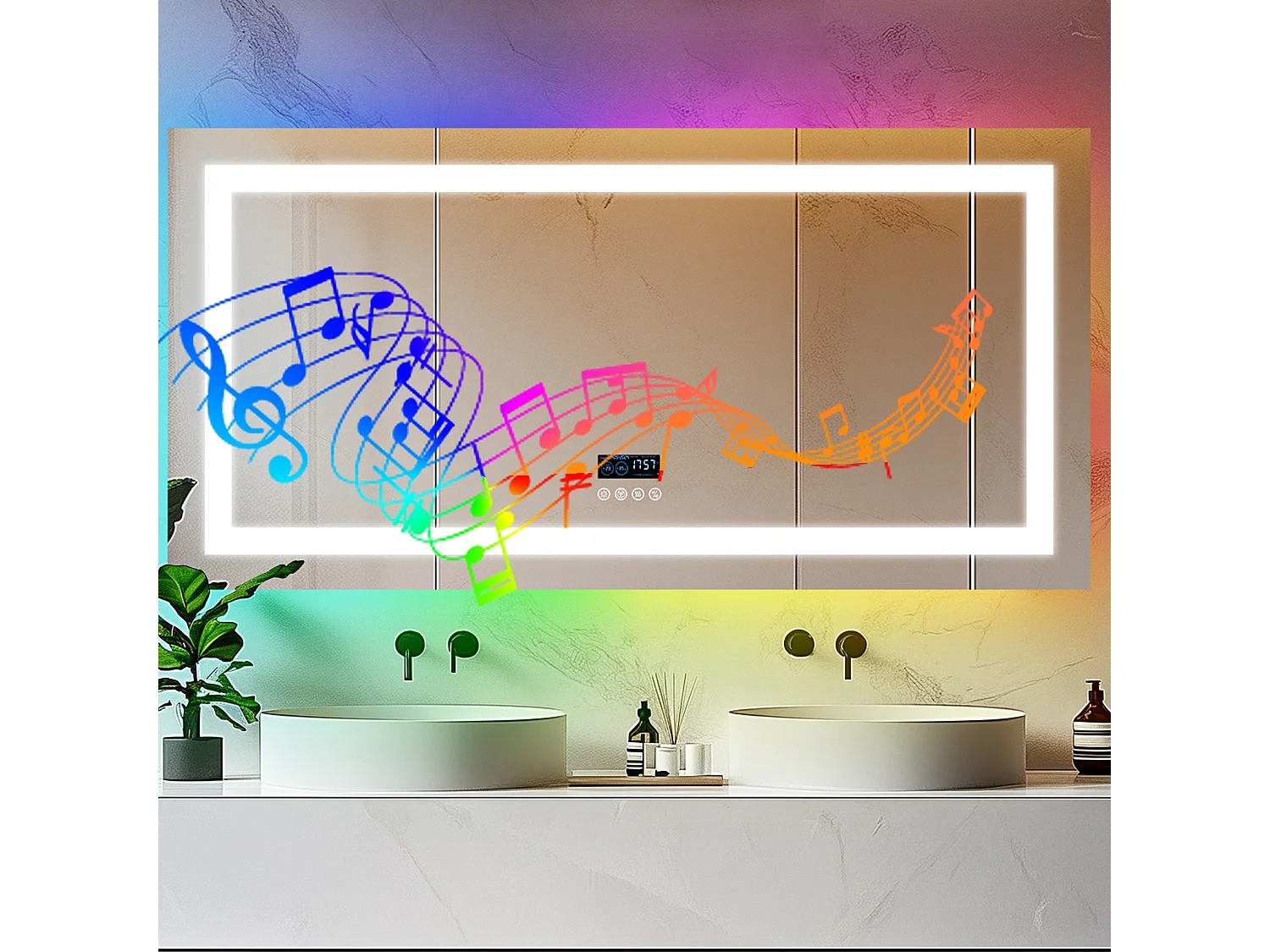 Specchio da bagno 160x80cm RGB e LED orientabile + antiappannamento + Bluetooth 5.2 + Orologio + 3 colori 4 pulsanti