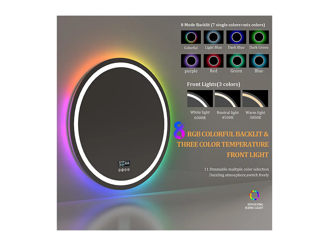 Espejo de baño 80x80cm RGB y LED regulable + antivaho + Bluetooth 5.2 + Reloj + 3 colores 4 botones