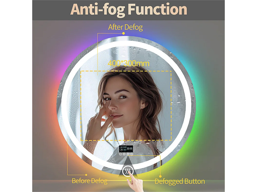 Espejo de baño 80x80cm RGB y LED regulable + antivaho + Bluetooth 5.2 + Reloj + 3 colores 4 botones