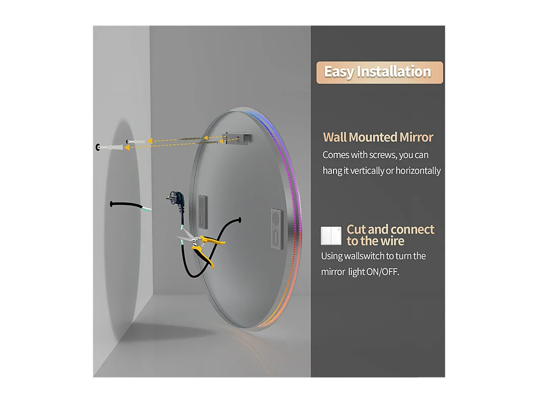 Espejo de baño 80x80cm RGB y LED regulable + antivaho + Bluetooth 5.2 + Reloj + 3 colores 4 botones