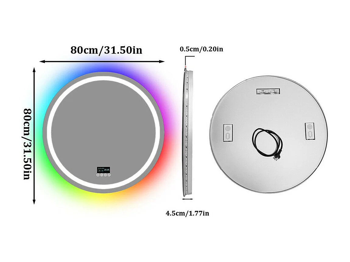 Espejo de baño 80x80cm RGB y LED regulable + antivaho + Bluetooth 5.2 + Reloj + 3 colores 4 botones