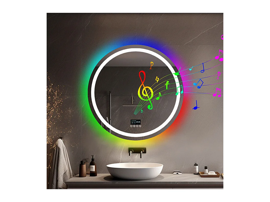 Miroir salle de bain 80x80cm RGB et LED réglable+antibuée+Bluetooth 5.2 +Horloge+3 couleurs 4 boutons