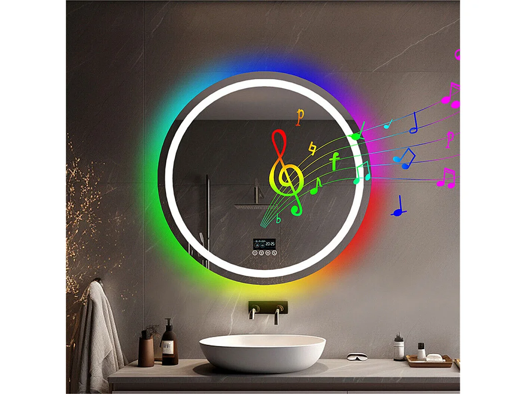 Miroir salle de bain 80x80cm RGB et LED réglable+antibuée+Bluetooth 5.2 +Horloge+3 couleurs 4 boutons
