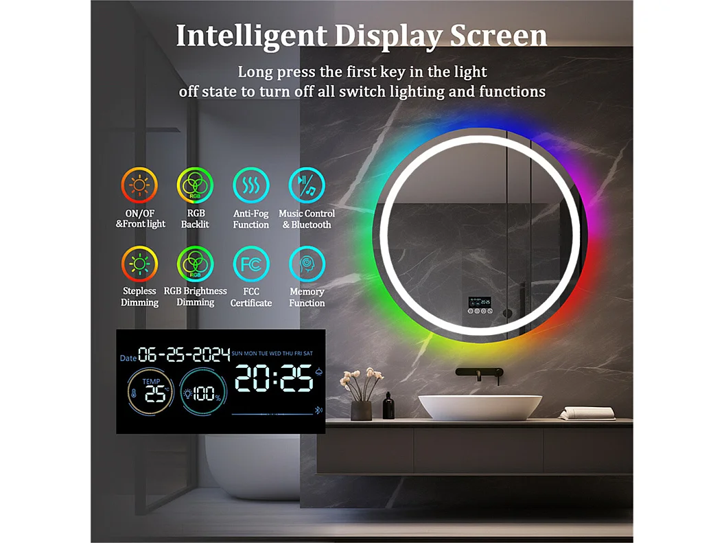 Miroir salle de bain 80x80cm RGB et LED réglable+antibuée+Bluetooth 5.2 +Horloge+3 couleurs 4 boutons
