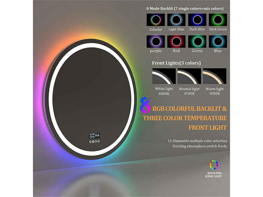 Miroir salle de bain 80x80cm RGB et LED réglable+antibuée+Bluetooth 5.2 +Horloge+3 couleurs 4 boutons