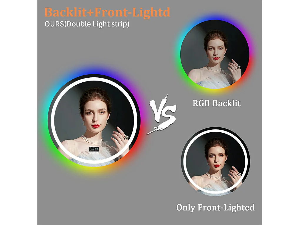 Miroir salle de bain 80x80cm RGB et LED réglable+antibuée+Bluetooth 5.2 +Horloge+3 couleurs 4 boutons