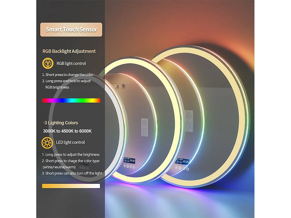 Miroir salle de bain 80x80cm RGB et LED réglable+antibuée+Bluetooth 5.2 +Horloge+3 couleurs 4 boutons