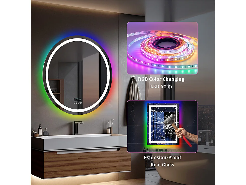 Miroir salle de bain 80x80cm RGB et LED réglable+antibuée+Bluetooth 5.2 +Horloge+3 couleurs 4 boutons