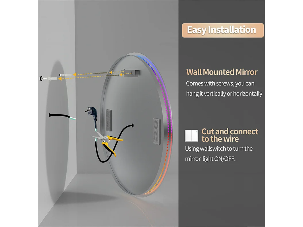 Miroir salle de bain 80x80cm RGB et LED réglable+antibuée+Bluetooth 5.2 +Horloge+3 couleurs 4 boutons
