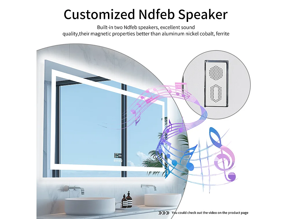 Miroir salle de bain 100x60cm LED réglable+antibuée+Bluetooth 5.2 +Horloge+3 couleurs 4 boutons