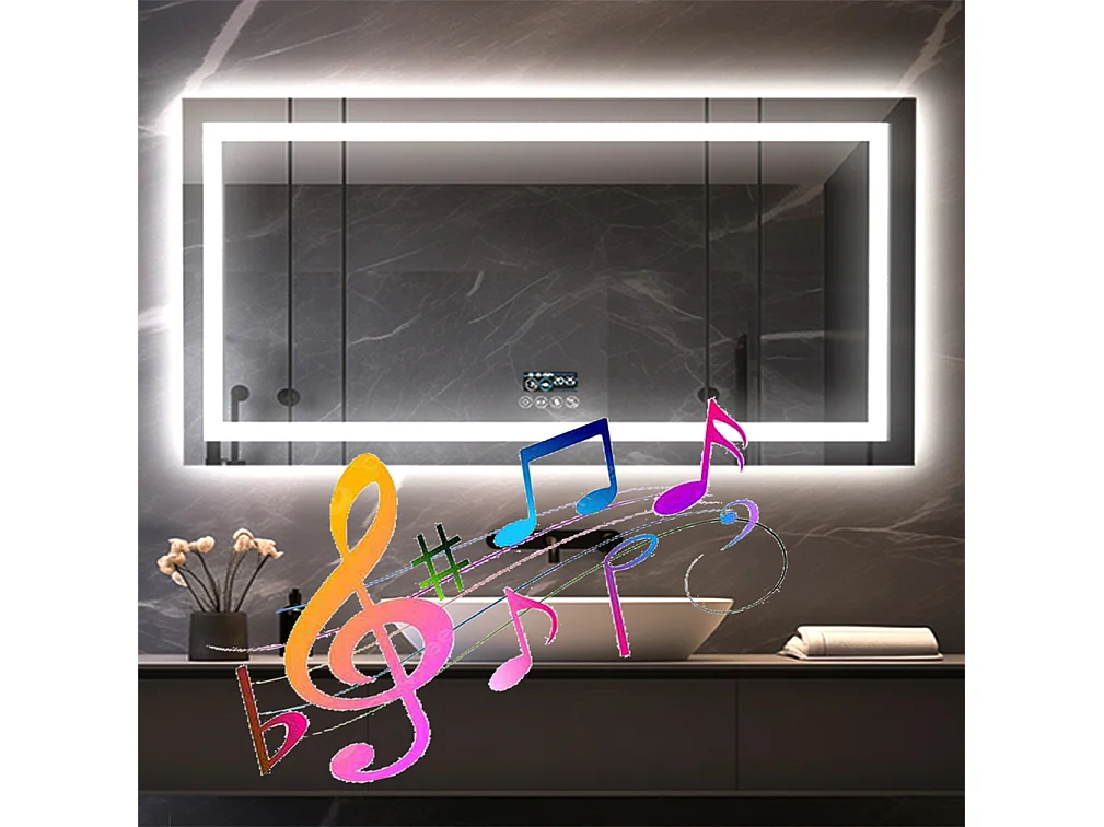 Miroir salle de bain 100x60cm LED réglable+antibuée+Bluetooth 5.2 +Horloge+3 couleurs 4 boutons