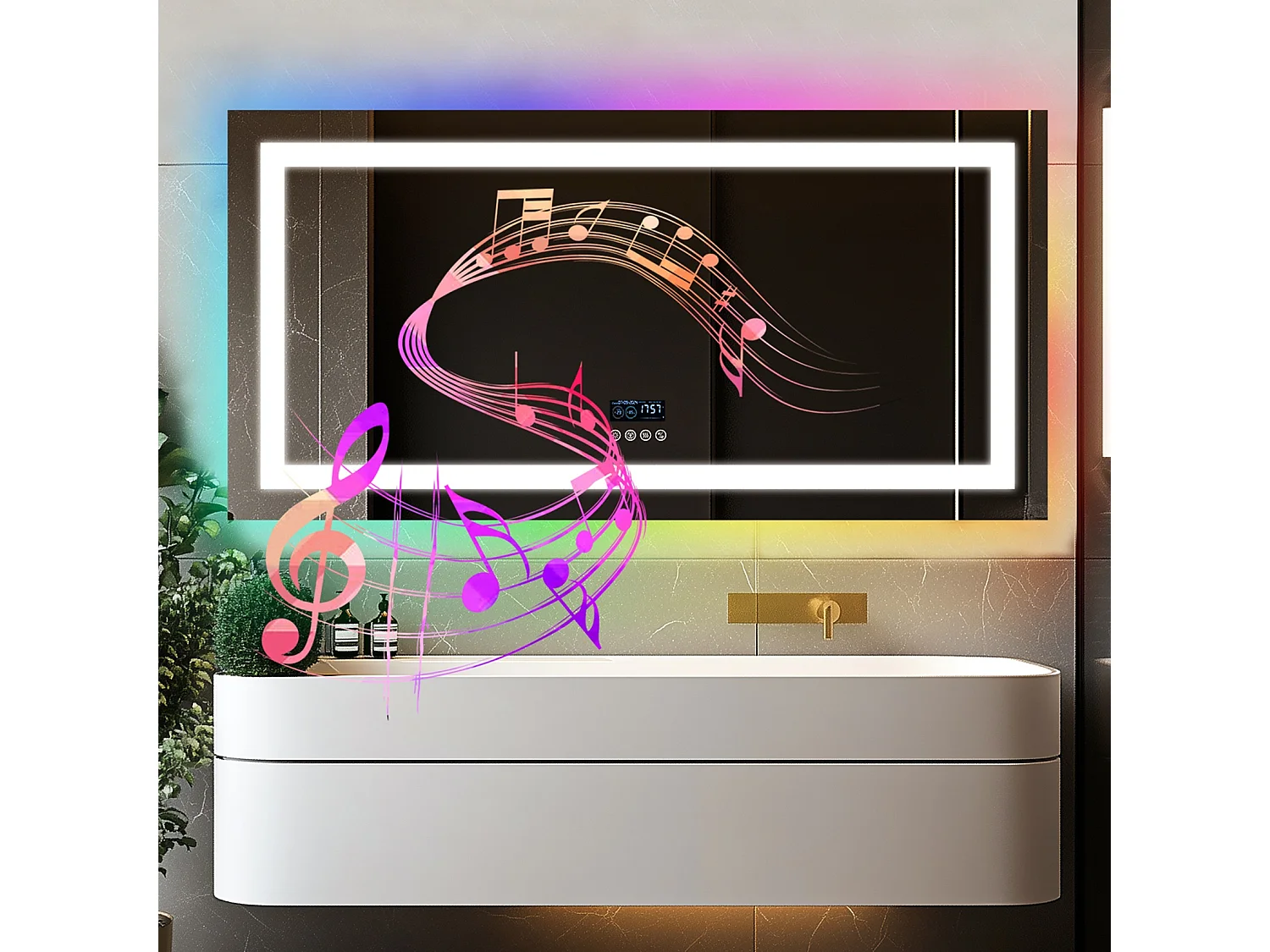 Espejo de baño 140x70cm RGB y LED regulable + antivaho + Bluetooth 5.2 + Reloj + 3 colores 4 botones