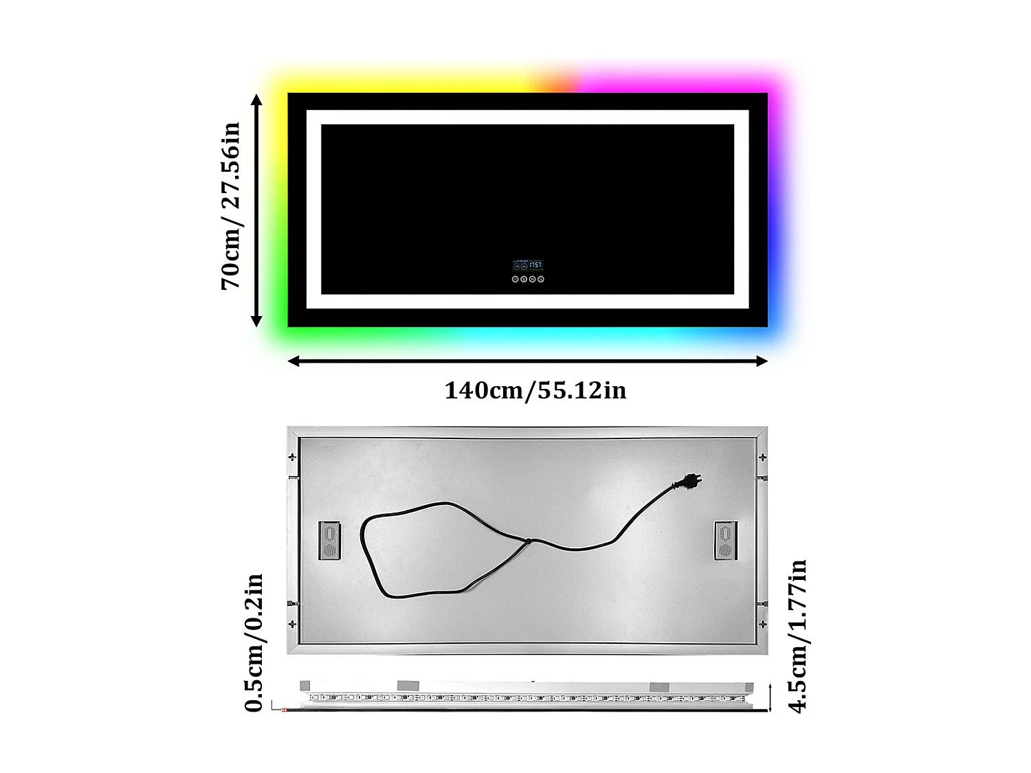 Espejo de baño 140x70cm RGB y LED regulable + antivaho + Bluetooth 5.2 + Reloj + 3 colores 4 botones