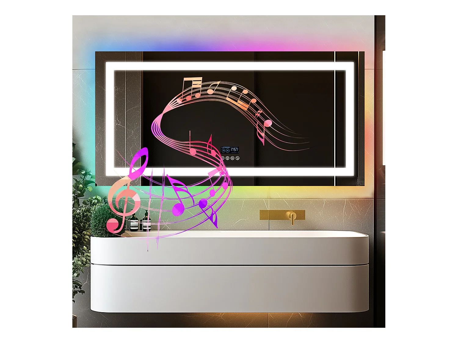 Badkamerspiegel 140x70cm RGB en LED verstelbaar + anti-condens + Bluetooth 5.2 + Klok + 3 kleuren 4 knoppen