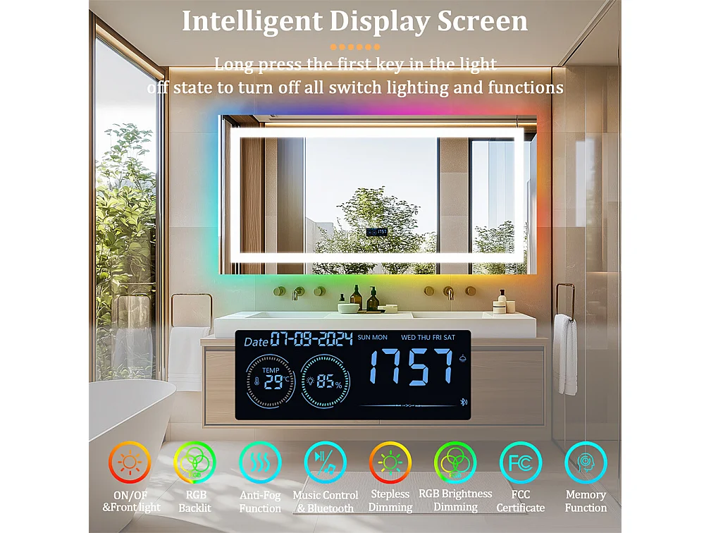 Miroir salle de bain 140x70cm RGB et LED réglable+antibuée+Bluetooth 5.2 +Horloge+3 couleurs 4 boutons