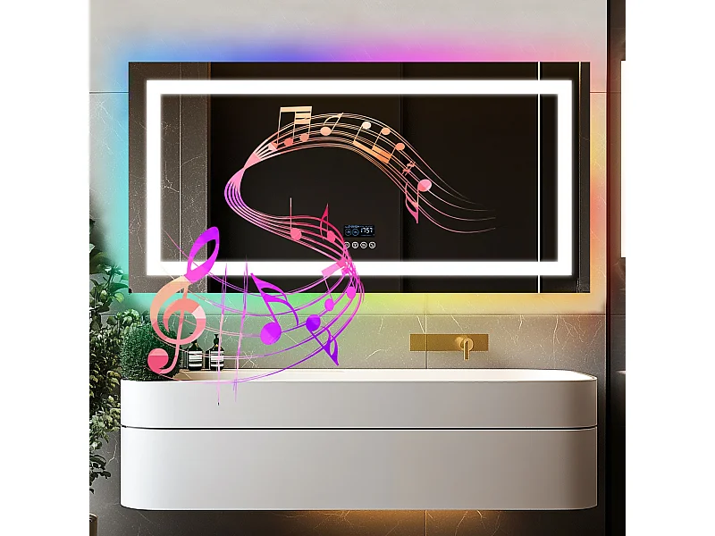 Miroir salle de bain 140x70cm RGB et LED réglable+antibuée+Bluetooth 5.2 +Horloge+3 couleurs 4 boutons